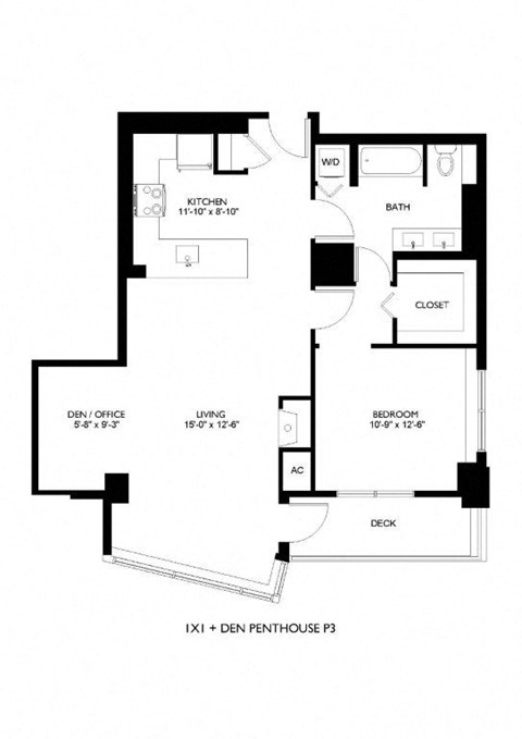 A black and white floor plan of a home with a kitchen, living room, den/office, bedroom, bathroom, and closet.
